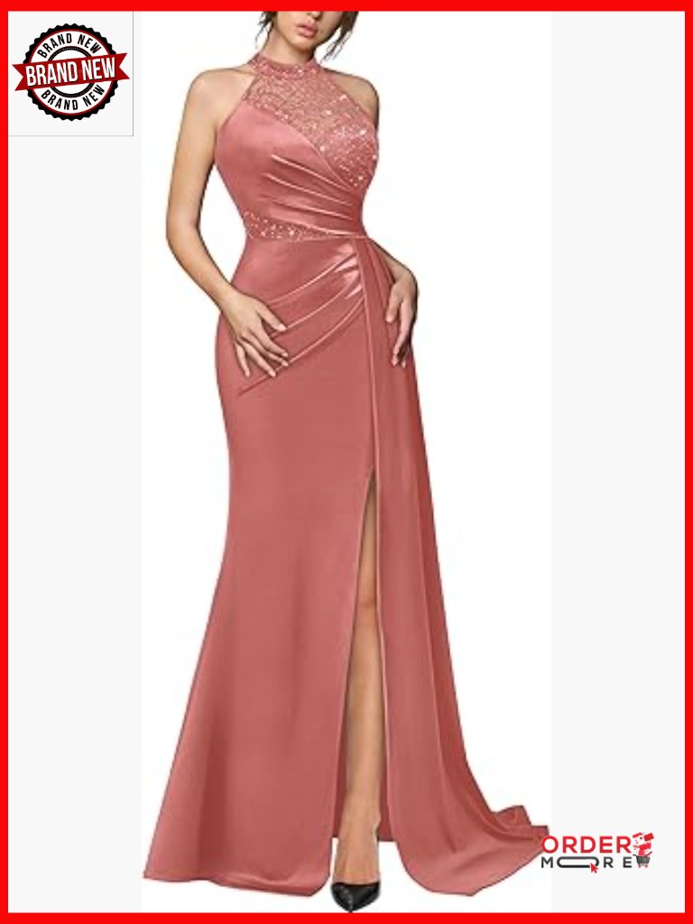 Sequin Lace Halter Maxi Dress - Evening Party Satin Gown